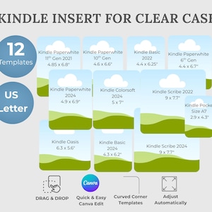 May include: An image displaying 12 Kindle insert templates for clear cases, with dimensions in inches. The templates are for various Kindle models, including Paperwhite, Basic, and Scribe. The image also highlights Canva editing features.