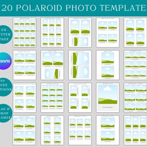 May include: A digital template with 20 Polaroid photo frame options. The template includes the text "20 POLAROID PHOTO TEMPLATE", "US LETTER PAGE", "Canva", "20 SIZE OPTIONS", and "DRAG & DROP FRAMES". The frames have a landscape and portrait orientation.