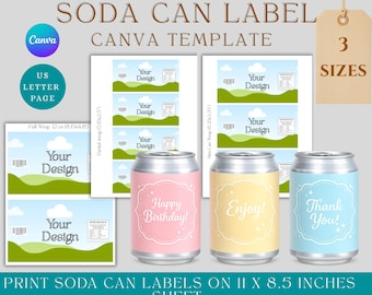 Bearbeitbare Soda Can Vorlage Canva, Benutzerdefiniertes Soda Can Wrap Etikett, DIY Party Favor Drink Wrapper, Regular & Mini Can Mockup, druckbares Soda Label