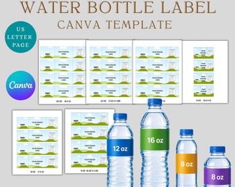 Bearbeitbare Wasserflaschenetikettenvorlage Canva, 8 Unzen 12 Unzen 16 Unzen Flaschenverpackung, DIY Leerer Partybevorzugungsaufkleber Benutzerdefinierter Geburtstagshochzeitsaufkleber Mockup