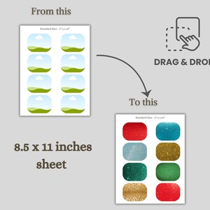 May include: A sheet of stickers with a drag and drop design. The sheet is 21.59 cm x 27.94 cm and features a before and after design. The before design has a landscape scene, and the after design has colorful glittery stickers.