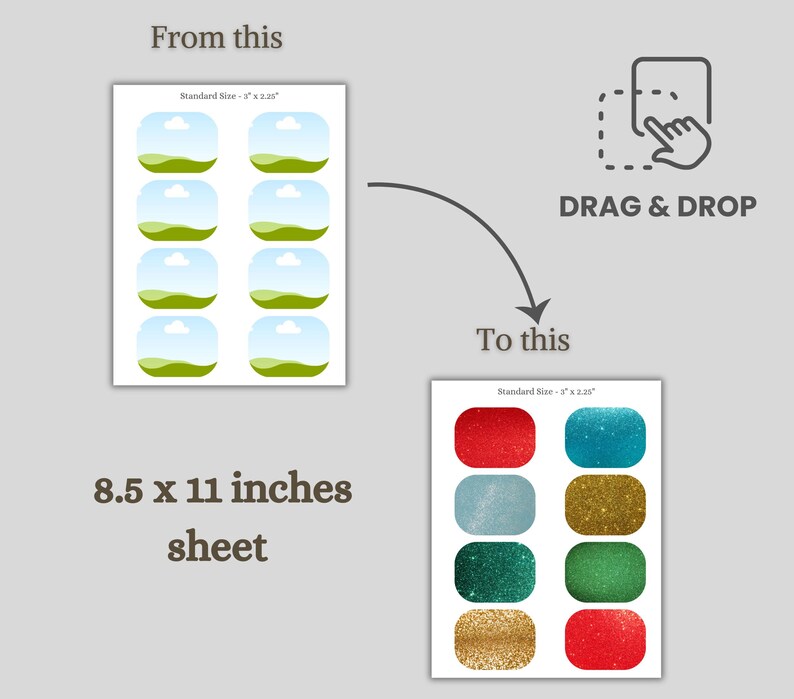May include: A sheet of stickers with a drag and drop design. The sheet is 21.59 cm x 27.94 cm and features a before and after design. The before design has a landscape scene, and the after design has colorful glittery stickers.