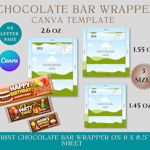 May include: Chocolate bar wrapper Canva template with three sizes: 2.6 oz, 1.55 oz, and 1.45 oz. The design includes templates with space for customization, and examples with birthday themes. The text includes "Happy Birthday!", "It's Party Time!", and "Jason's Birthday".