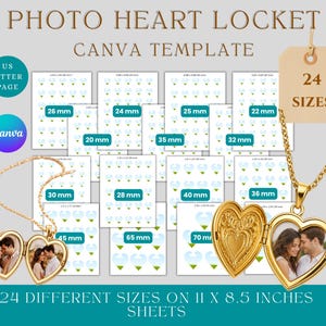 以下が含まれることがあります： 写真が入った金色のハート型ロケットネックレス。Canvaテンプレートで表示。画像には、20mmから70mmまでの24種類のサイズが、27.9 x 21.6 cmのシートに表示されています。「Photo Heart Locket」と「24 Sizes」の文字が含まれています。
