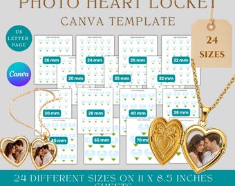 Herz Locket Template Canva Bearbeitbar | Foto Locket Einfügen Bündel 24 Größen | Personalisierte Herz-Halsketten-Einsatz | DIY Andenken Foto Locket