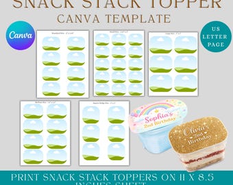 Bearbeitbare Snack Stack Topper-Vorlage, Canva Chip Box-Etikett, druckbares Mitbringsel, benutzerdefinierte Kartoffelchip-Boxtopper, DIY-Geburtstags-Snackverpackung