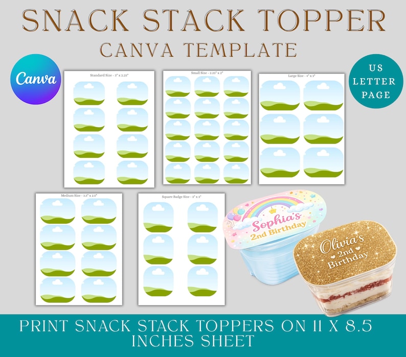 May include: A Canva template for snack stack toppers. The design includes various sizes of printable labels with a landscape scene. Two snack containers are shown, one with a rainbow design and the other with gold glitter, both with birthday text.