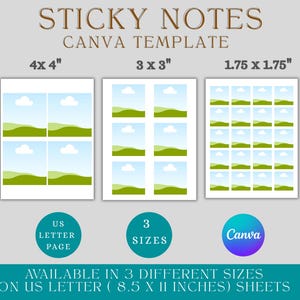 Puede incluir: Plantilla digital para notas adhesivas, disponible en tres tamaños: 10,16 cm x 10,16 cm, 7,62 cm x 7,62 cm y 4,45 cm x 4,45 cm. El diseño presenta una imagen de paisaje. La plantilla está diseñada para hojas US Letter (21,59 cm x 27,94 cm) y es compatible con Canva.