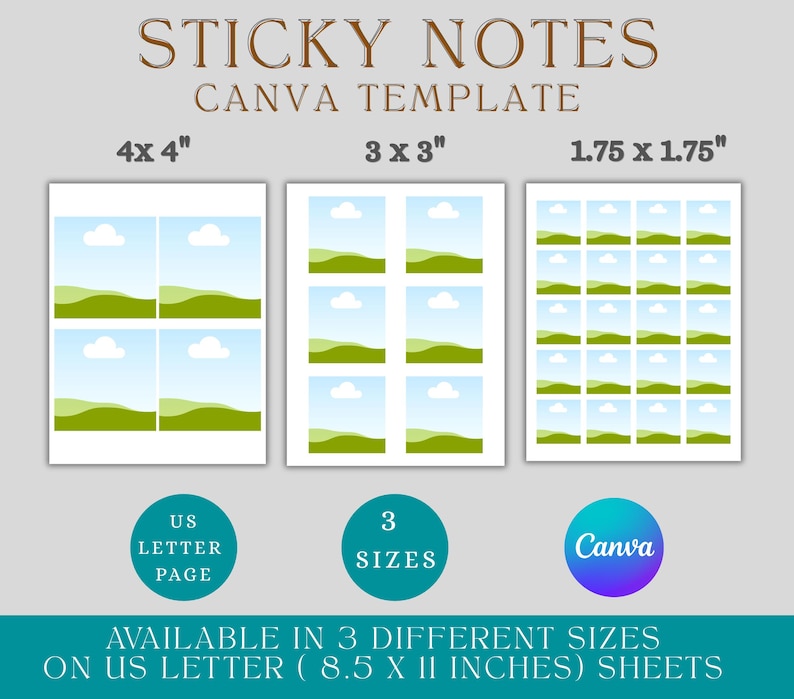May include: A digital template for sticky notes, available in three sizes: 4x4 inches, 3x3 inches, and 1.75x1.75 inches. The design features a landscape image. The template is designed for US Letter (8.5 x 11 inches) sheets and is Canva compatible.