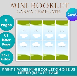 Könnte beinhalten: Vorlage für ein Mini-Booklet mit 8 Seiten. Das Design zeigt einen blauen Himmel mit Wolken und grünen Hügeln. Das Booklet ist für den Druck auf einer US-Letter-Seite (21,6 x 27,9 cm) konzipiert und hat eine Größe von 6,35 x 10,16 cm. Das Canva-Logo ist sichtbar.