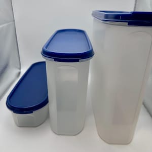 Op de afbeelding: Drie doorzichtige plastic voedselopslagcontainers met blauwe deksels. De containers hebben verschillende maten en vormen, waaronder een rechthoekige, ovale en hoge, rechthoekige container. De containers zijn leeg.