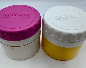 Vintage Thermos Food Jars – 1980s Pink and Yellow Insulated Containers, Retro Lunch Thermos Set