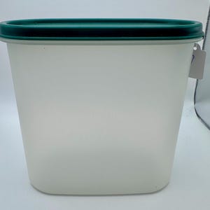 Può includere: Un contenitore rettangolare in plastica bianco sporco con un coperchio verde scuro. Il contenitore ha un corpo liscio e opaco e una forma leggermente arrotondata. Il coperchio si adatta perfettamente, creando una tenuta sicura. Un piccolo cartellino è appeso al lato.