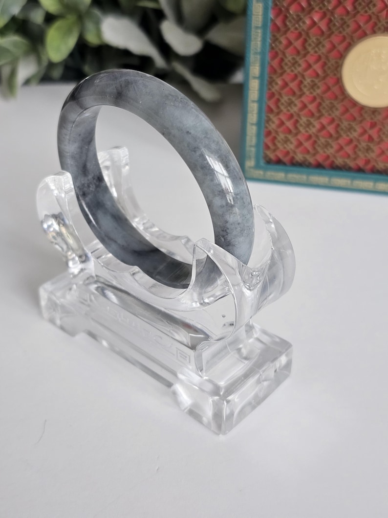 55 mm certifierad Wuji Jadeit Armring av klass A - Genomskinlig Rökgrå & Antracitgrå bild 9