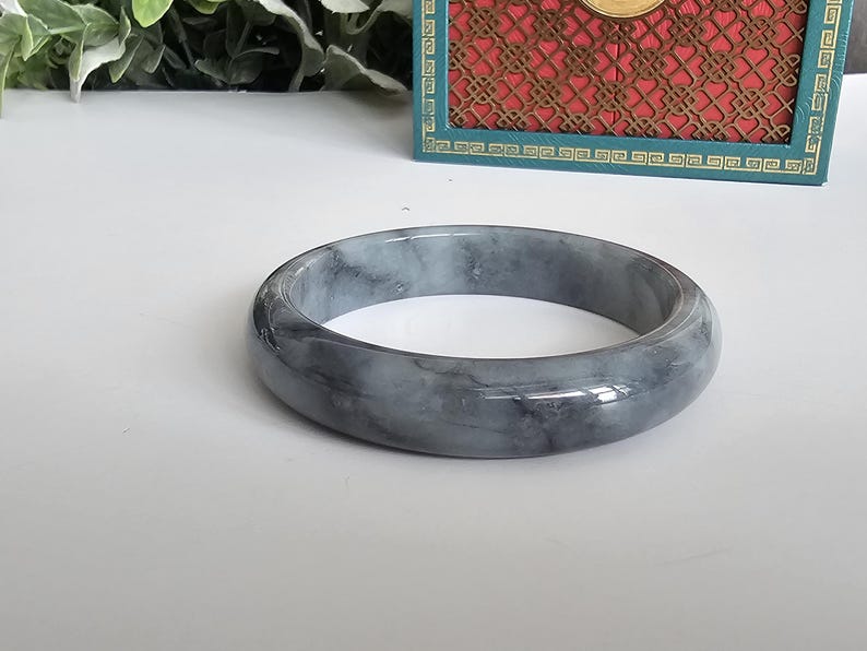 55 mm certifierad Wuji Jadeit Armring av klass A - Genomskinlig Rökgrå & Antracitgrå bild 7