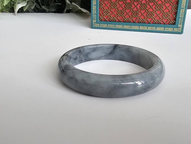 55 mm certifierad Wuji Jadeit Armring av klass A - Genomskinlig Rökgrå & Antracitgrå bild 13