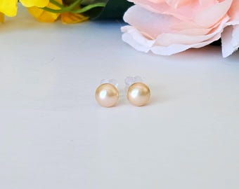 6.5mm Peach Pearl Stud Earrings | S925 Sterling Silver Posts | Genuine Freshwater Pearls