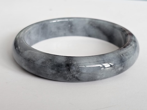 55mm Certified Grade A Wuji Jadeite Bangle - Translucent Smoky Grey & Charcoal