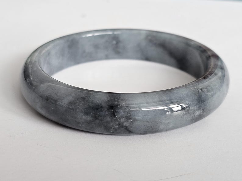 55 mm certifierad Wuji Jadeit Armring av klass A - Genomskinlig Rökgrå & Antracitgrå bild 1