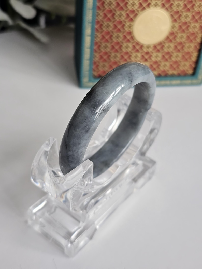 55 mm certifierad Wuji Jadeit Armring av klass A - Genomskinlig Rökgrå & Antracitgrå bild 6