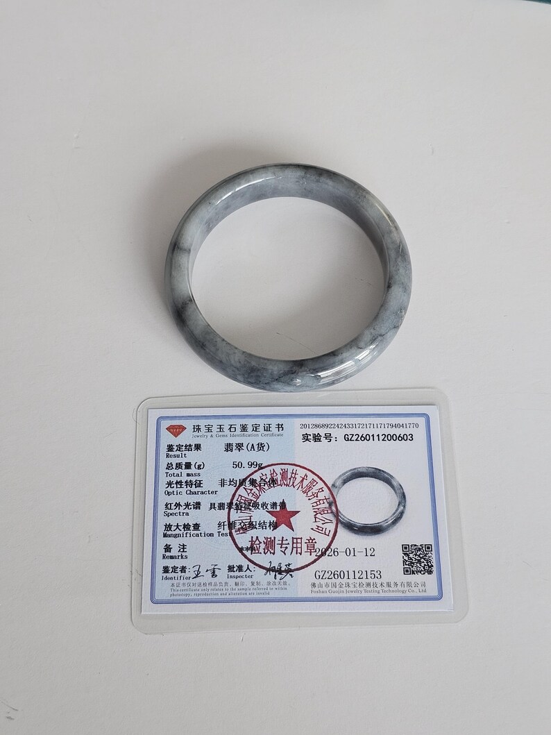 55 mm certifierad Wuji Jadeit Armring av klass A - Genomskinlig Rökgrå & Antracitgrå bild 12