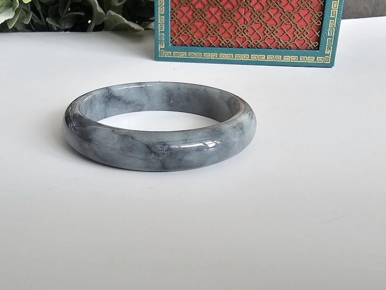 55 mm certifierad Wuji Jadeit Armring av klass A - Genomskinlig Rökgrå & Antracitgrå bild 14