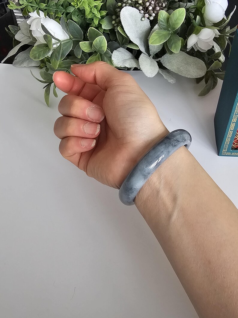 55 mm certifierad Wuji Jadeit Armring av klass A - Genomskinlig Rökgrå & Antracitgrå bild 2
