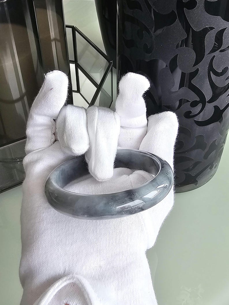 55 mm certifierad Wuji Jadeit Armring av klass A - Genomskinlig Rökgrå & Antracitgrå bild 5