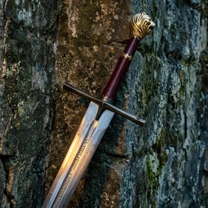 May include: A medieval sword with a silver blade and a dark red handle. The hilt features a gold lion's head. The sword is leaning against a textured, dark grey stone wall. The blade has the text "WITCHER LIONSMANE".