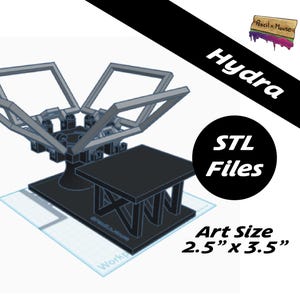 May include: A 3D model of a Hydra screen printing press with four rotating frames and a central platen. The image includes the text Pencil.n.Mouse, Hydra, STL Files, and Art Size 6.35 cm x 8.89 cm, displayed on a digital grid workspace.