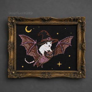 Witch Mouse on Bat cross stitch pattern, Halloween embroidery, PDF Pattern, digital download, fall