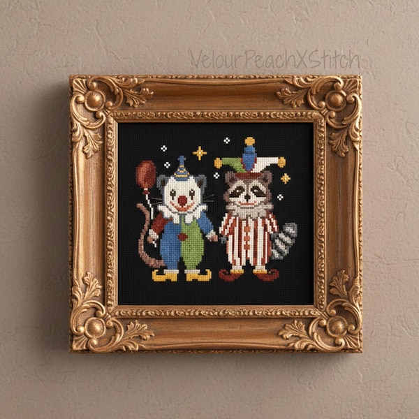 Clown Possum and Clown Raccoon cross stitch pattern, circus embroidery, cottagecore, digital download PDF