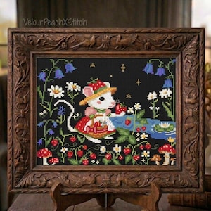 Strawberry Mouse cross stitch pattern, cottagecore embroidery, goblincore, PDF Pattern, digital download, cute animal