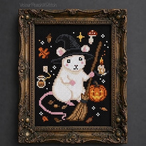 Witch Mouse cross stitch pattern, Halloween embroidery, PDF Pattern, digital download, spooky, fall, hex