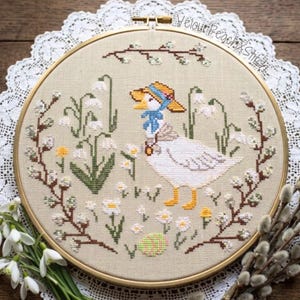 Mother Goose cross stitch pattern, Cottagecore embroidery, duck, spring, vintage, PDF Pattern, digital download