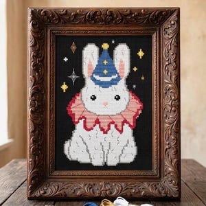 Clown Bunny cross stitch pattern, circus embroidery, rabbit, vintage, cottagecore, PDF Pattern, digital download