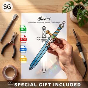 Stained Glass Sword Pattern, PDF Digital Download, Fantasy Weapon DIY Suncatcher, Medieval Dagger Decor, RPG Gamer Geek Glass Art Template