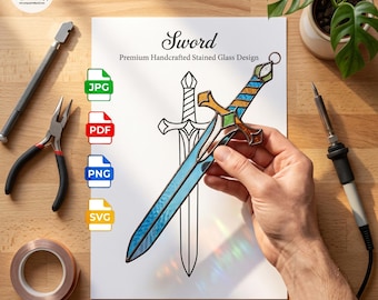 Stained Glass Sword Pattern, PDF Digital Download, Fantasy Weapon DIY Suncatcher, Medieval Dagger Decor, RPG Gamer Geek Glass Art Template