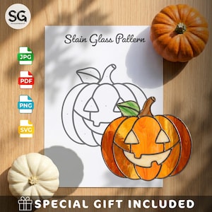 May include: A digital download featuring a Stained Glass Pattern for a jack-o'-lantern pumpkin. The document includes a line art template for the pumpkin design, accompanied by icons for JPG, PDF, PNG, and SVG file formats, and a gift notice.