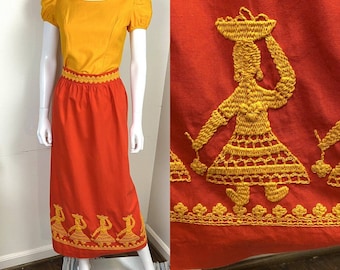 Vintage 70s Lanz Linen Embroidered Folk Skirt Top Set Maxi Dress Novelty Prairie