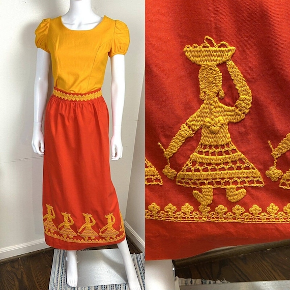 Vintage 70s Lanz Linen Embroidered Folk Skirt Top… - image 1