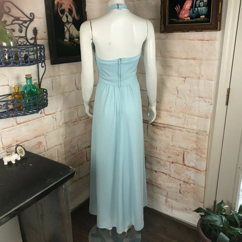 Vintage 70s Baby Blue Polyester Halter Maxi Sun Dress Sundress S Small Sylvia Ann