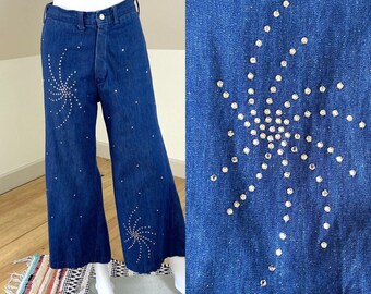 Vintage 70er Jahre Petit Fors Strass Swirl 27x26 M Schlaghose Jeans mit weitem Bein