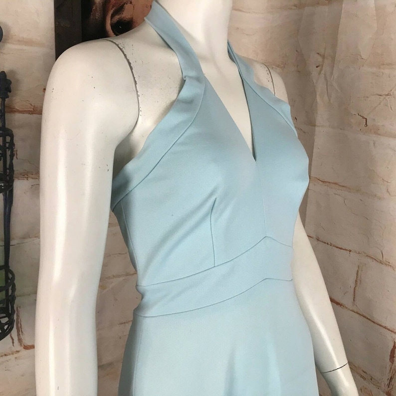 Vintage 70s Baby Blue Polyester Halter Maxi Sun Dress Sundress S Small Sylvia Ann