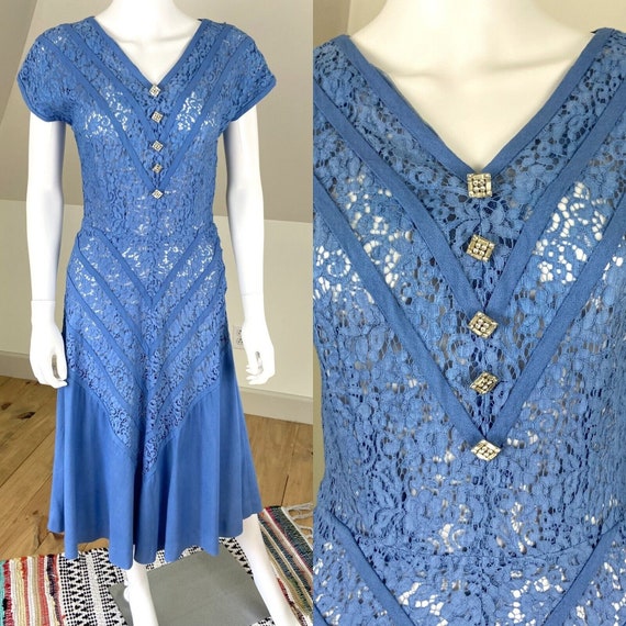 Vintage 40s 50s Sheer Cornflower Blue Lace Linen … - image 1