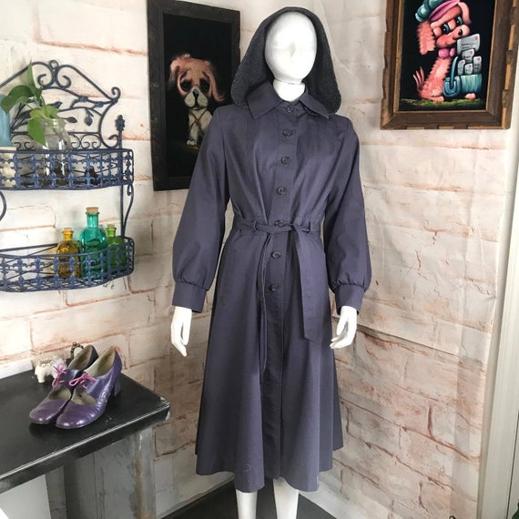 Vintage 70s Purple Hooded Trench Midi Coat S/M Sma