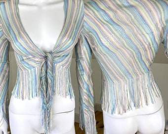 Vintage 70s Rainbow Fringe Open Weave Crochet Sheer Pastel Crop Top S Small Coverup Striped