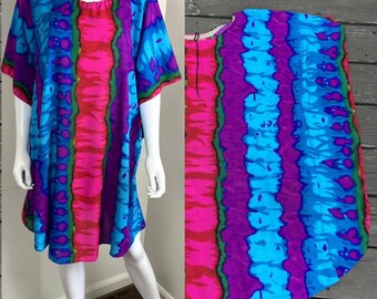 Vintage 70s Greenecastle Bright Psychedelic Mini Caftan Dress OS Greencastle