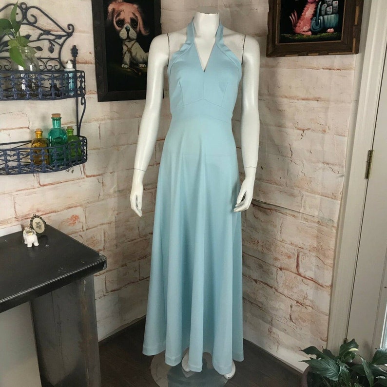 Vintage 70s Baby Blue Polyester Halter Maxi Sun Dress Sundress S Small Sylvia Ann