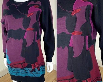 Vintage 80s Mondi Art Novelty Flapper Wool Blend Sweater Jumper Mini Dress Tunic